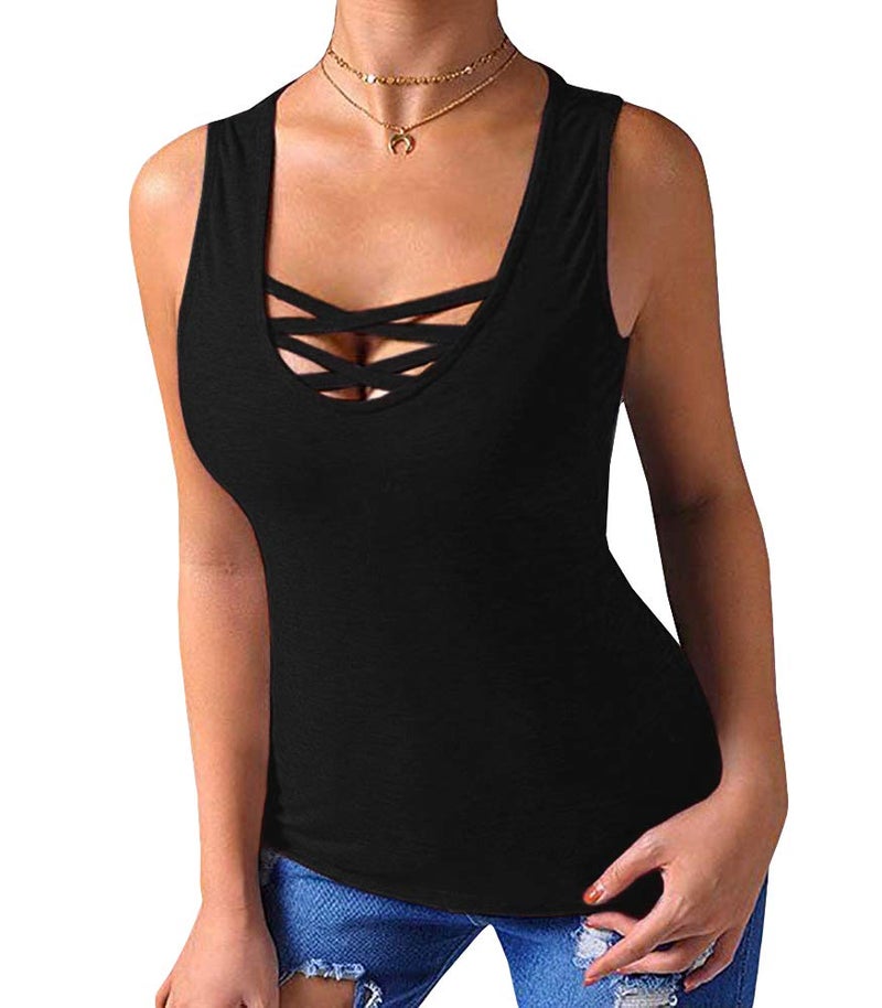 Sarin Mathews Womens Tank Tops Summer Sleeveless Shirts Criss Cross Casual Basic Tee Shirts Tops Blouses Black M - Image 1